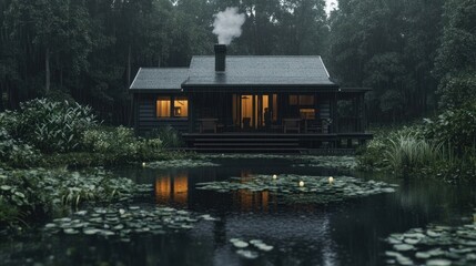 Fototapeta premium Dark cabin by a pond at night
