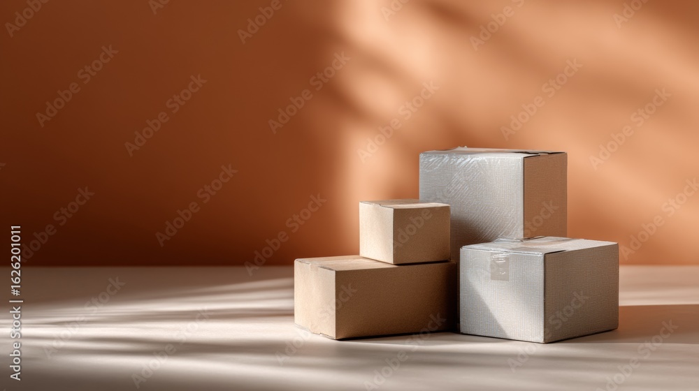 Poster cubic block arrangement on brown background with shadows for abstract minimalist product photography