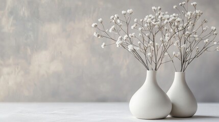 Minimal white vases with dry twigs on gray surface for home decor branding product photography concept visuals neutral background scene