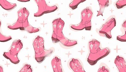 Pink Cowboy Boot Illustration in a Fun Seamless Pattern with Sparkles on a White Background