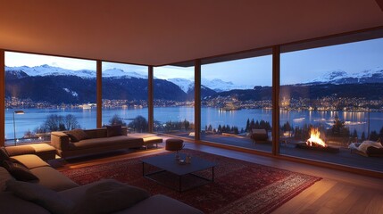 Fototapeta premium Modern living room with panoramic lake views at dusk