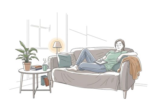 World lazy day vector illustration, pencil sketch of a young man lying on the sofa while reading a book and relaxing and enjoying life