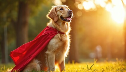 Golden retriever therapy dog sits proudly wearing superhero cape in sunny park. Loyal companion offers comfort, joy, support. Bond between human, animals, pet well-being, happiness.