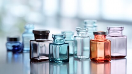 Collection of colorful glass bottles on soft blue background for fragrance cosmetic product photography branding packaging scene visuals