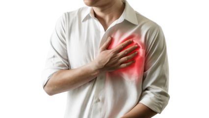 Man clutching chest experiencing sudden pain or heart attack, symbolizing health issues, medical emergencies and cardiovascular disease awareness