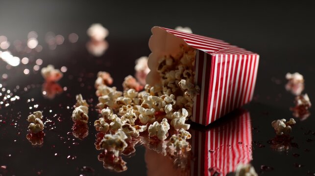 Exploding popcorn with red striped box on black surface for snack food photography branding visuals entertainment scene design