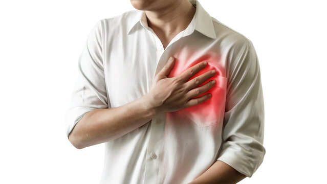 Man clutching chest experiencing sudden pain or heart attack, symbolizing health issues, medical emergencies and cardiovascular disease awareness