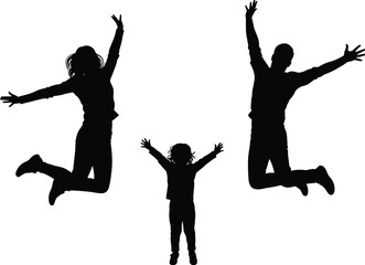 Happy family of three, parents and child, jumping for joy in a silhouette vector illustration on a white background.