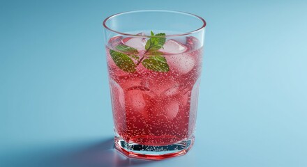 Refreshing Pink Soda: Ice Cubes, Mint, and Bubbles on Light Blue Background