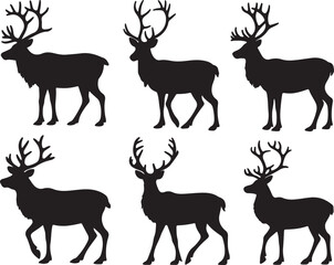 Naklejka premium Six black reindeer silhouettes with large antlers animal