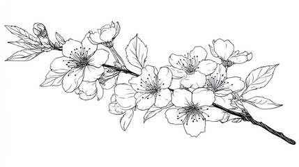 Elegant black and white cherry blossom branch drawing
