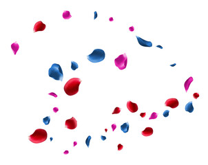 Beautifully falling red pink and blue flower petals on a clean background conveying love purity and tranquility Perfect for designs seeking a gentle and romantic touch.