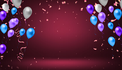 Purple, blue, silver celebration scene with sparkling balloons and confetti creates a fun atmosphere perfect for parties, promotions, and festivals