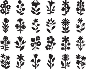 Various floral silhouettes with simple stems and leaves nature botanical