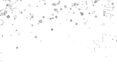 Falling Happiness Elegant silver confetti and streamers gracefully descending on a pristine white background. Perfect for celebrating festivities,