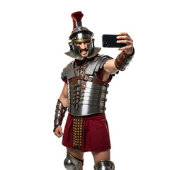 Obraz premium Roman Centurion warrior taking a selfie isolated on a transparent background 