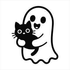 Cute Ghost Holding Black Cat Halloween Vector Illustration