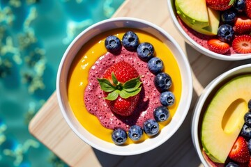 Overhead View of Vibrantly Colored Tropical Smoothie Bowls on a Sunny Beach