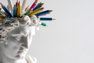 Statue of a Greek god with pencils in his hair. A man with pencils in his head. Concept: learning, creativity, beginning of the school year.