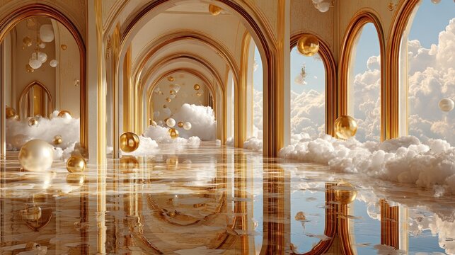Golden arched hall, clouds, reflections