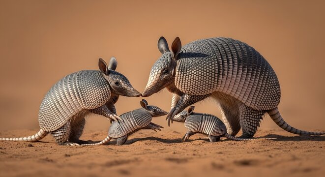 A touching portrait of an armadillo family, parents nurturing their two small pups in a wild, sandy environment.