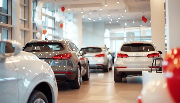 Car dealership showroom with white luxury car in foreground, cluster of red and white balloons on right side, blurred cars in background, modern automotive showroom interior