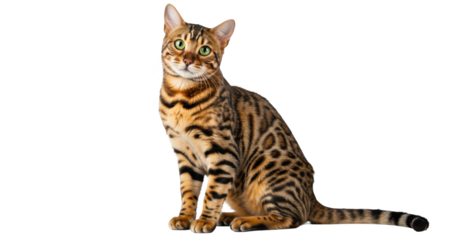 An adult purebred Bengal cat with a striking rosetted tabby coat and intelligent green eyes sits alertly in a high-key studio setting. Concept of sophisticated intellect and agile precision - Powered by Adobe