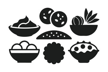 Assortment of six black and white icons representing various food items like cookies, pastries, and bowls of snacks, all isolated on a white background for a clean presentation