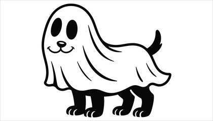 Cute Dog in Ghost Costume Black and White Halloween Vector