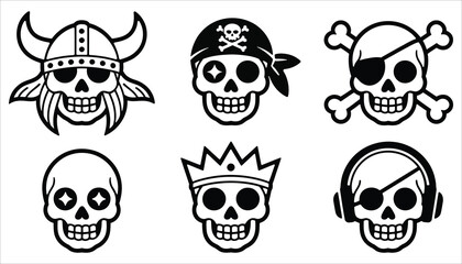Cartoon Skull Icon Set Black and White Vector Collection