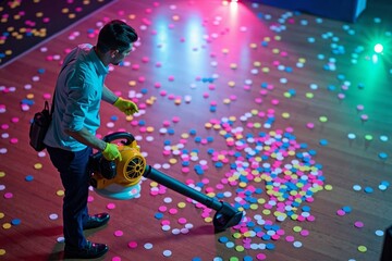 Aerial View of Janitor Using Leaf Blower to Clean Up Vibrant Confetti on Dance Floor