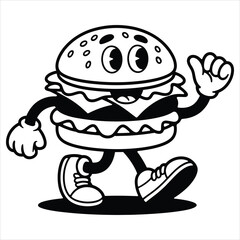 Cartoon Burger Mascot Walking Black and White Vector Illustration