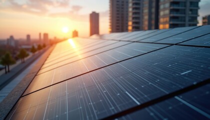 Solar panels on apartment complex rooftop, capturing sunset light. Modern urban living integrates sustainable energy solutions for clean power generation. Future city infrastructure development