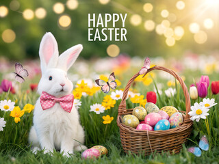 Fototapeta premium Adorable Easter bunny with a bow tie sitting by a basket of colorful eggs in a spring meadow