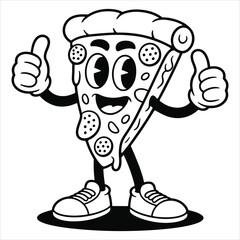 Cartoon Pizza Slice Mascot Giving Thumbs Up Black and White Vector