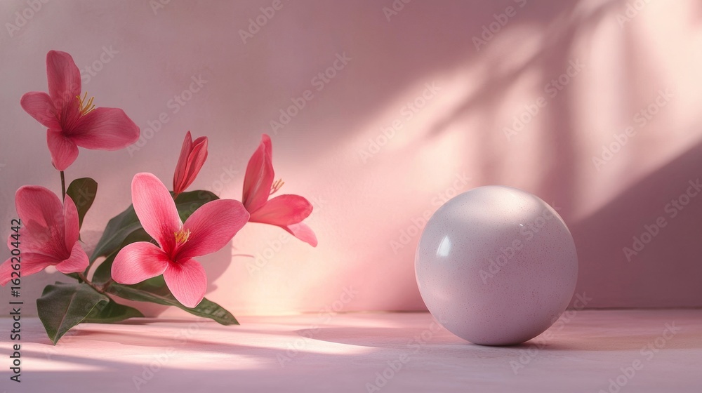 Poster minimal pink background with flower and round sphere for soft abstract product branding photography 