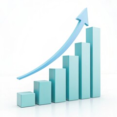 Blue bar chart with upward trend arrow isolated on white background