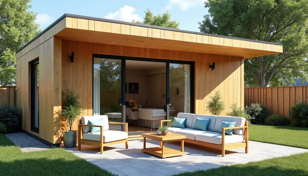 Modern wooden accessory dwelling unit with outdoor seating in backyard. Contemporary cabin offers stylish, tranquil retreat with natural light, comfortable furniture, blending architecture with