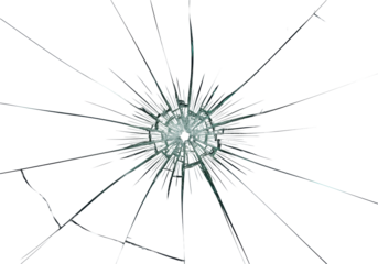 Ultra-clean, transparent glass with radiating cracks from a central impact point, shot high-angle with soft studio light against a transparent background, concept of disruption and change
