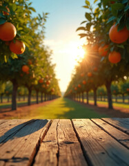 Obraz premium Rows of orange trees heavy with fruit glow in warm sunlight. A rustic wooden table sits in the foreground, ready for harvest display. Experience the abundance of a summer citrus farm.