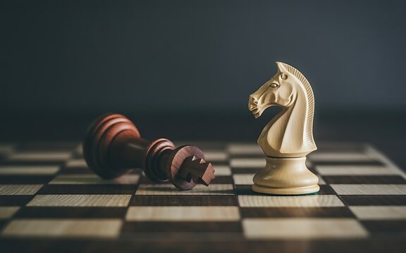 Strategic chess knight standing victoriously over fallen king on wooden chessboard, game over