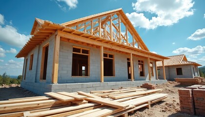 Obraz premium House construction site wooden beams framing structure. Concrete blocks, timber planks arranged neatly reflect busy work progress. Blue skies with clouds overhead provide backdrop for residential