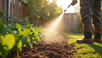 Professional gardener sprays young plants in backyard garden. Golden hour sunshine illuminates mist from sprayer. Focus on healthy plant growth and garden maintenance activities.