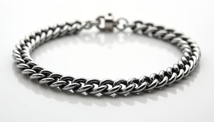 Obraz premium Detailed studio shot silver chain bracelet, crafted from durable stainless steel. Stylish, modern curb chain design features secure clasp closure. Unisex accessory complements fashion ensemble,