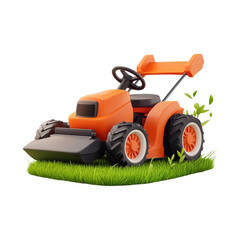 Fototapeta premium Colorful cartoon lawn mower on green grass patch