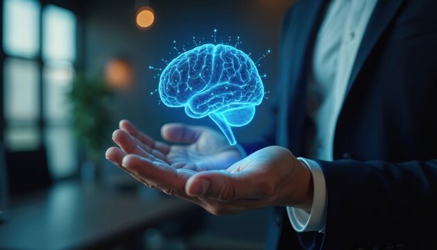 Businessman holds glowing blue brain hologram, symbolizing AI technology in business and marketing. Visualizes new tech, data networks, communication, and future innovation in global cyberspace.