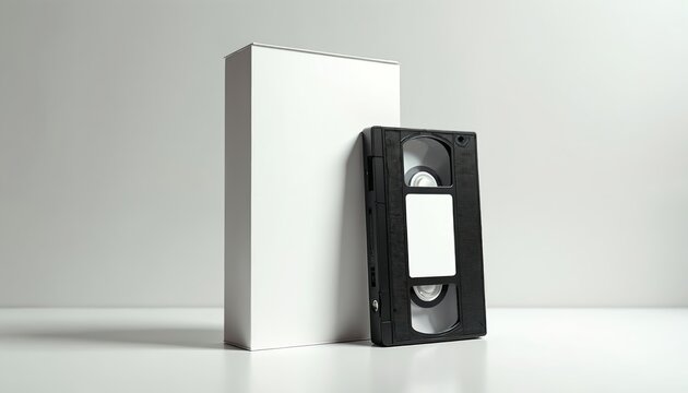 Retro VHS cassette and blank case mockup with label area. Realistic 3D render, vintage media for branding, design templates, and nostalgic presentation. Isolated object with clean shadow.