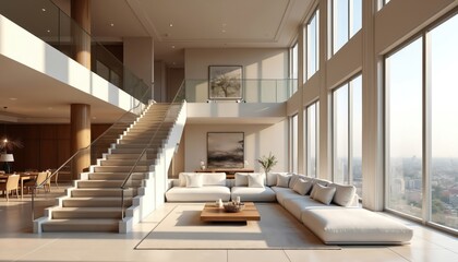 Obraz premium Spacious modern living hall features dramatic staircase with glass railings, expansive windows offering city views. Neutral tones, elegant wood accents create luxurious ambiance. Comfortable