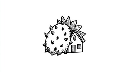 Hand-drawn illustration of a prickly fruit and a small house