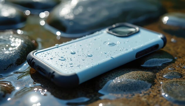 Light blue phone case with dark grey trim sits on wet stones, waterproof capabilities with water droplets covering surface. Built for durability, protection against submersion, robust accessory